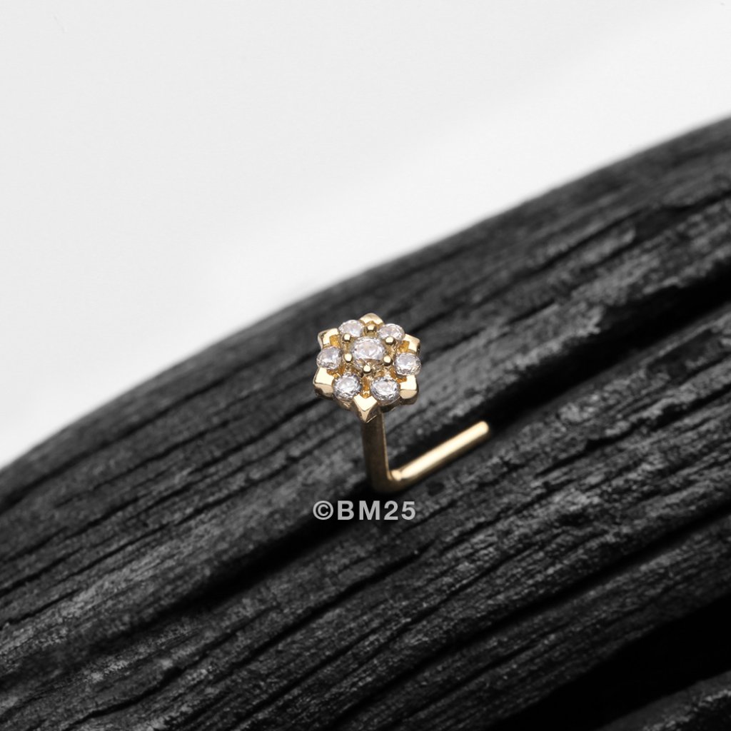 14 Karat Gold Glistening Multi-Gem Flower Sparkle L-Shaped Nose Ring - Clear Gem